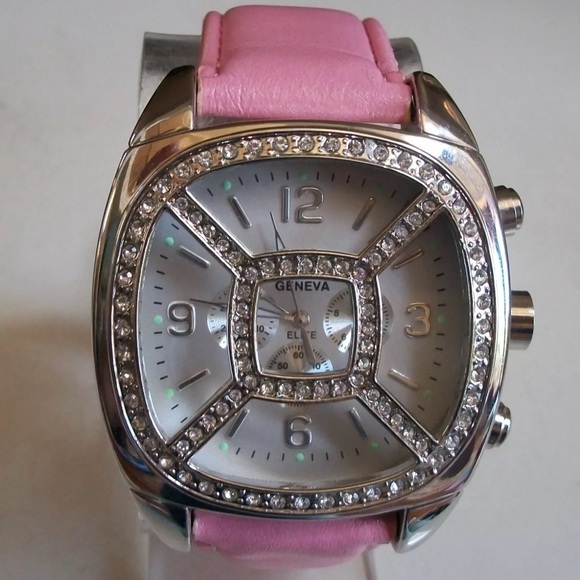 Men's Silver Finish Pink Leather Band Fashion Dressy Casual Hip Hop Wrist Watch - Picture 1 of 5